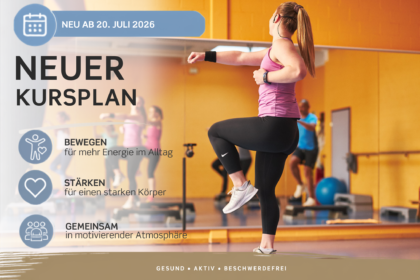 Ankündigung neuer Kursplan ab 20. Juli 2026 im Gesundheitszentrum GUT – Frau beim Fitness-Workout im Gruppenkurs
